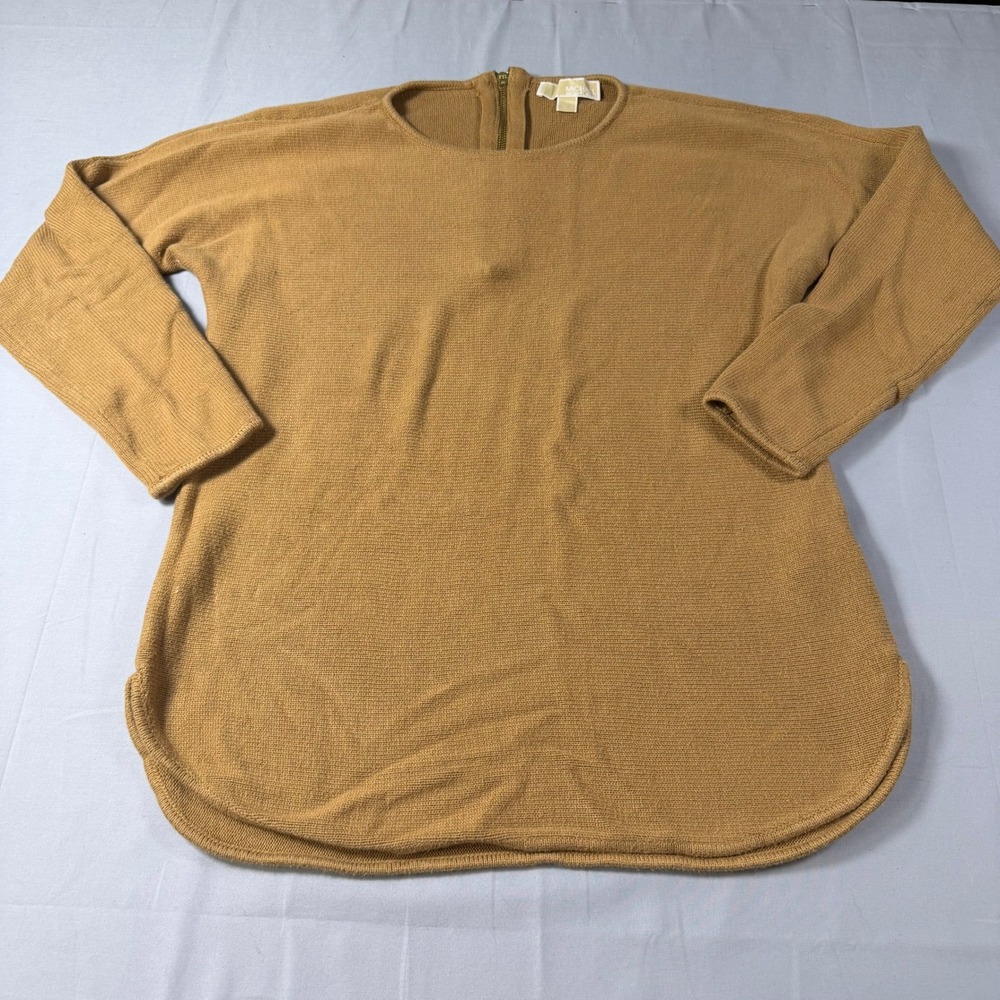 Michael Kors Womens Camel Tan Crew Neck Back Zip Tunic Sweater Size S Fine Knit